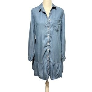 Ruffle Hem Women's Boho Western Chambray Dress Size L Long Sleeve Pockets